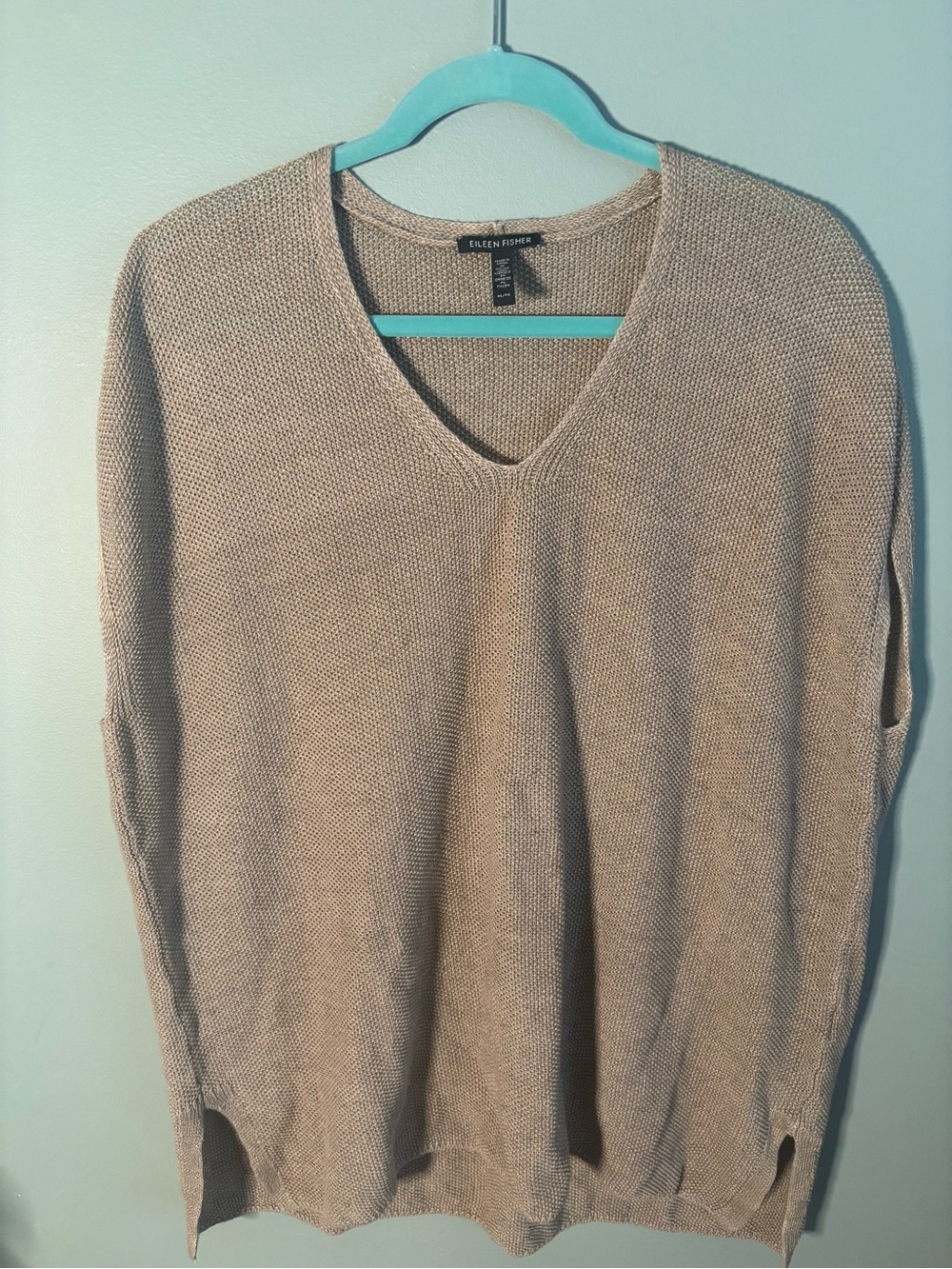 Eileen Fisher Organic Linen V-Neck Knit Tunic Sweater Vest Taupe Neutral
